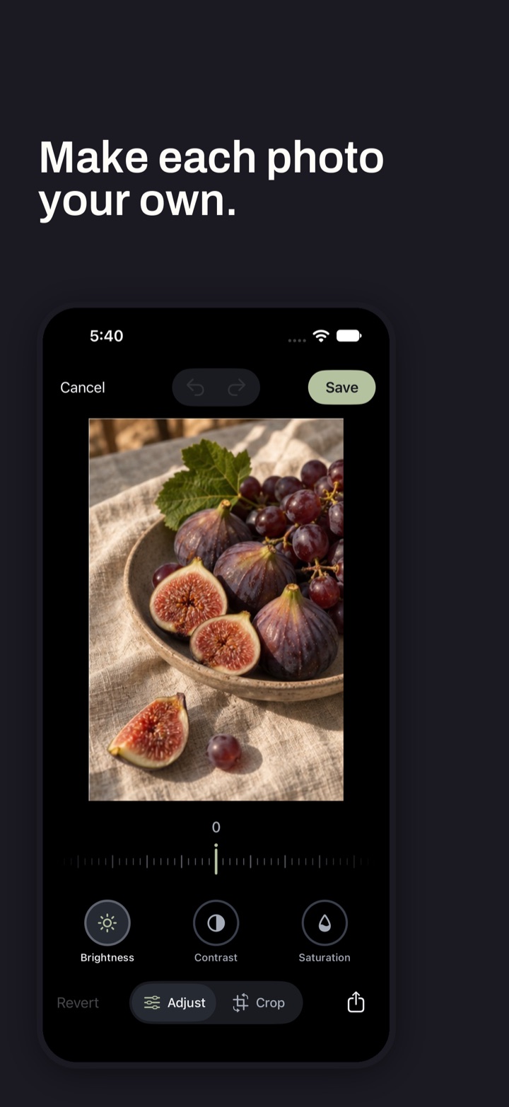 The photo editor with crop ratios and brightness, contrast and saturation sliders.
