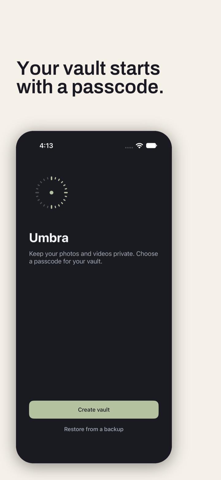 First launch, asking you to choose a passcode for your vault.